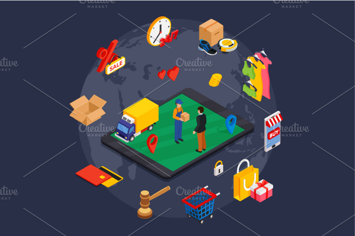 Online shopping isometric concept, a Technology Illustration by NKuvshinov