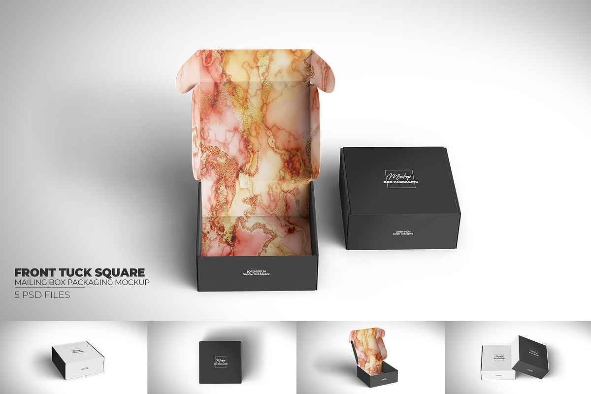 Front Tuck Square Mailing Box Mockup, a Packaging Mockup by Sheikhadesign (Photo 1 of 10)