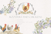 Hens and roosters, an Illustration by Love Watercolor Store (Thumbnail 1 of 10)