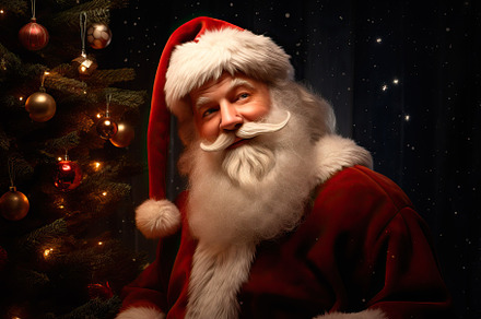 A man dressed as santa claus next to a christmas tree created with Generative A, a Photo by OSORIOartist
