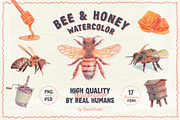 Realistic Bee & Honey Watercolor, an Animal Illustration by tomatstudio (Thumbnail 1 of 3)