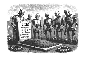 Robots Standing Over Grave of Human, a Technology Illustration by AlexArt
