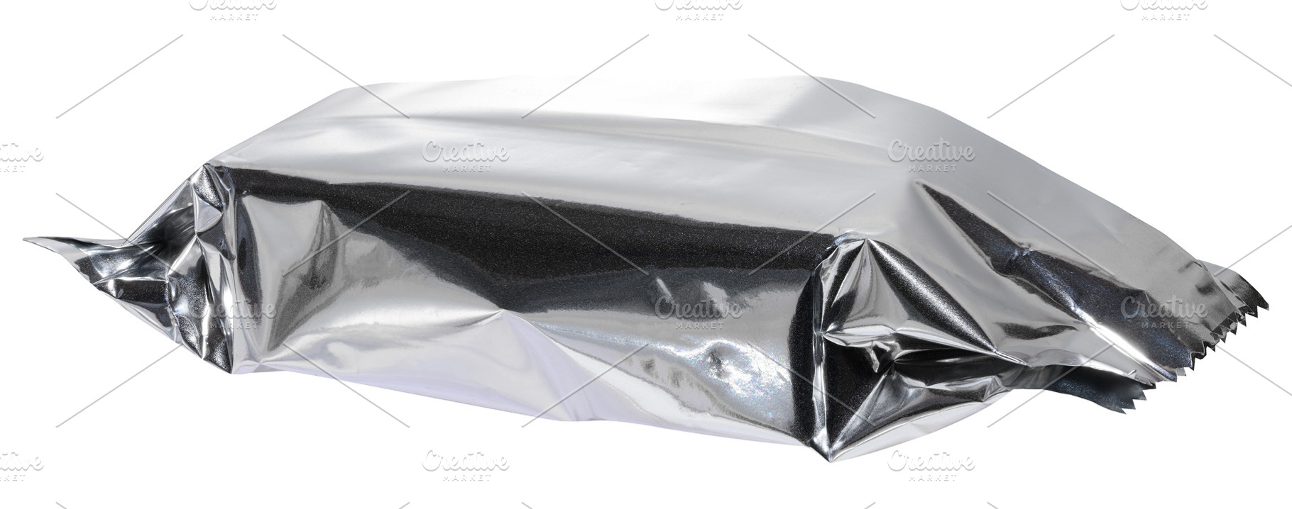 Crumpled silver foil packaging with torn edges, isolated backgro, a Food & Drink Photo by ndanko