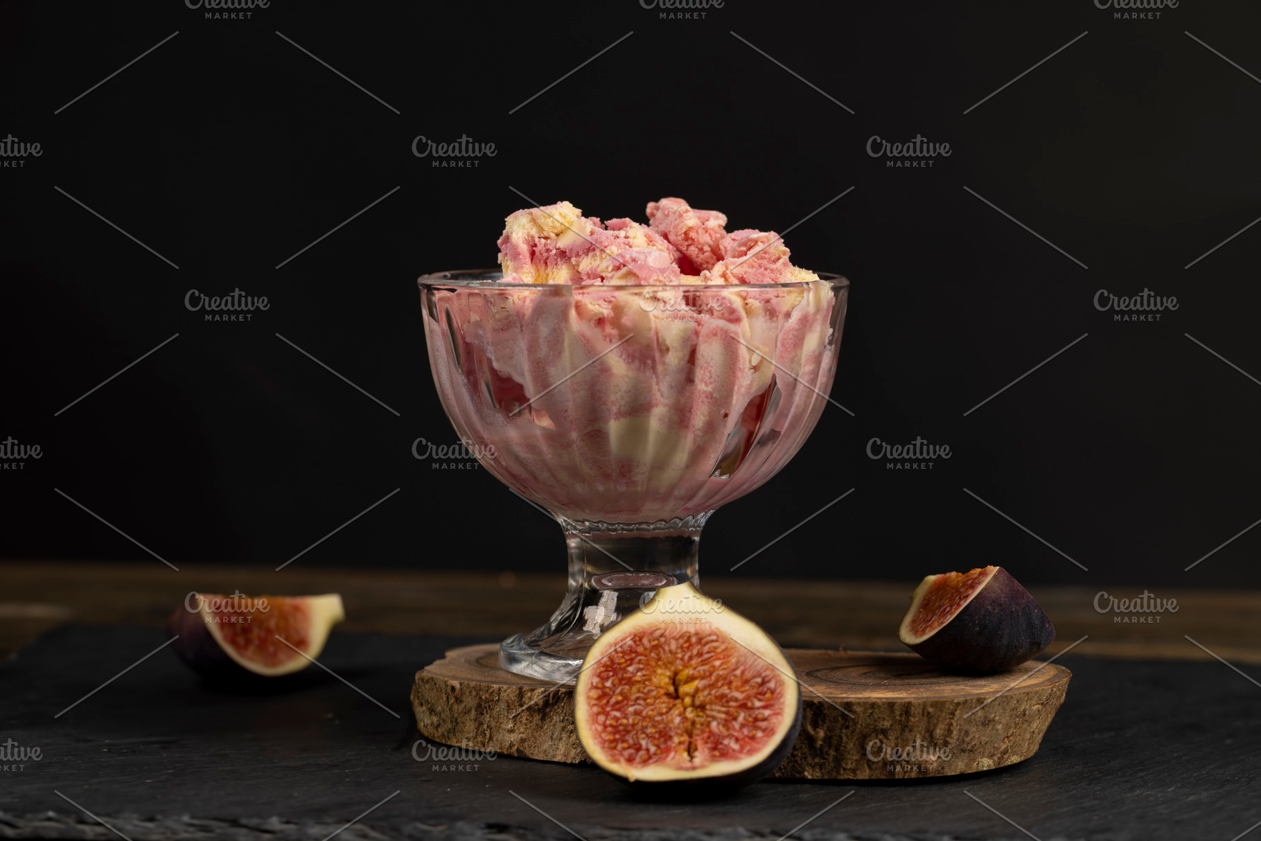 creamy sweet ice cream and sliced red fig fruits, a Photo by rsoollAI
