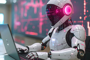Futuristic humanoid robot working on laptop in digital workspace, a Business Photo by GoodGoods