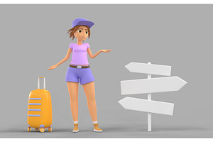 3D Girl Tourist With Yellow Suitcase