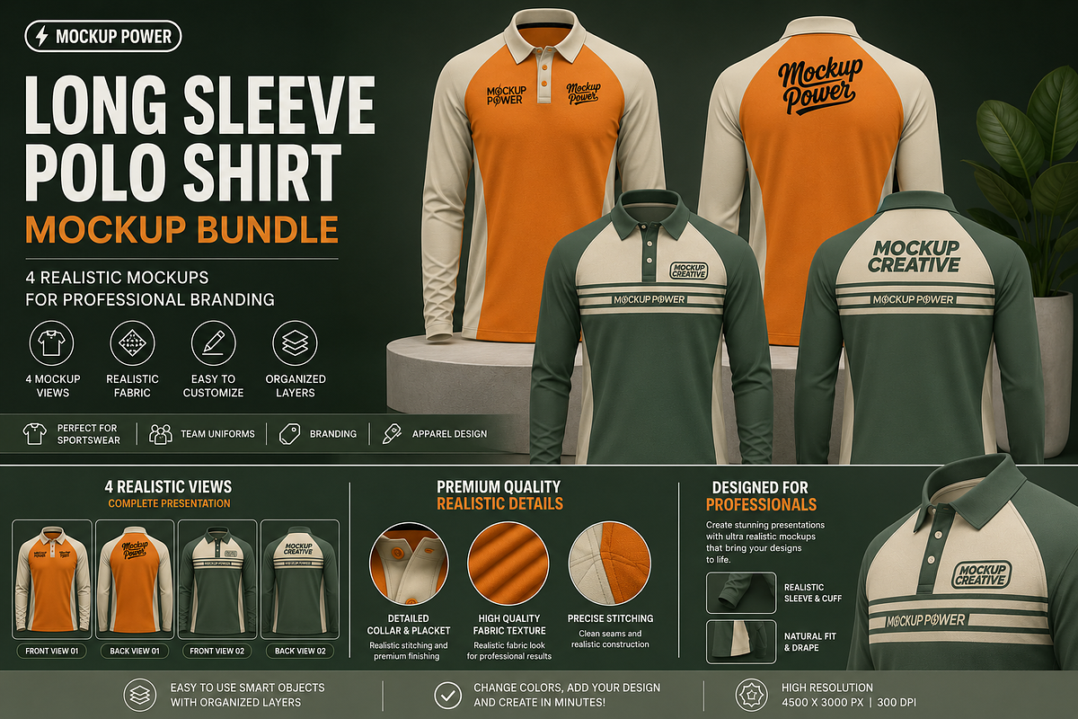 Long Sleeve Polo Shirt Mockup Bundle, a Shirt Mockup by Mockup Power (Photo 3 of 4)
