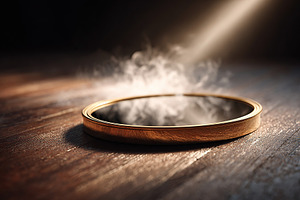 Smoke rises from a circular mirror on a wooden surface during a low-light setti, an Arts & Entertainment Photo by AlyaAnd