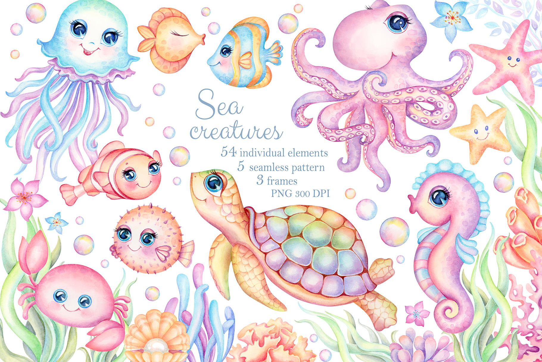 Bundle cute sea animals watercolor