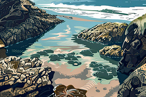 Illustration of a tranquil coast wit, a Photo by LOGOCREATIVE