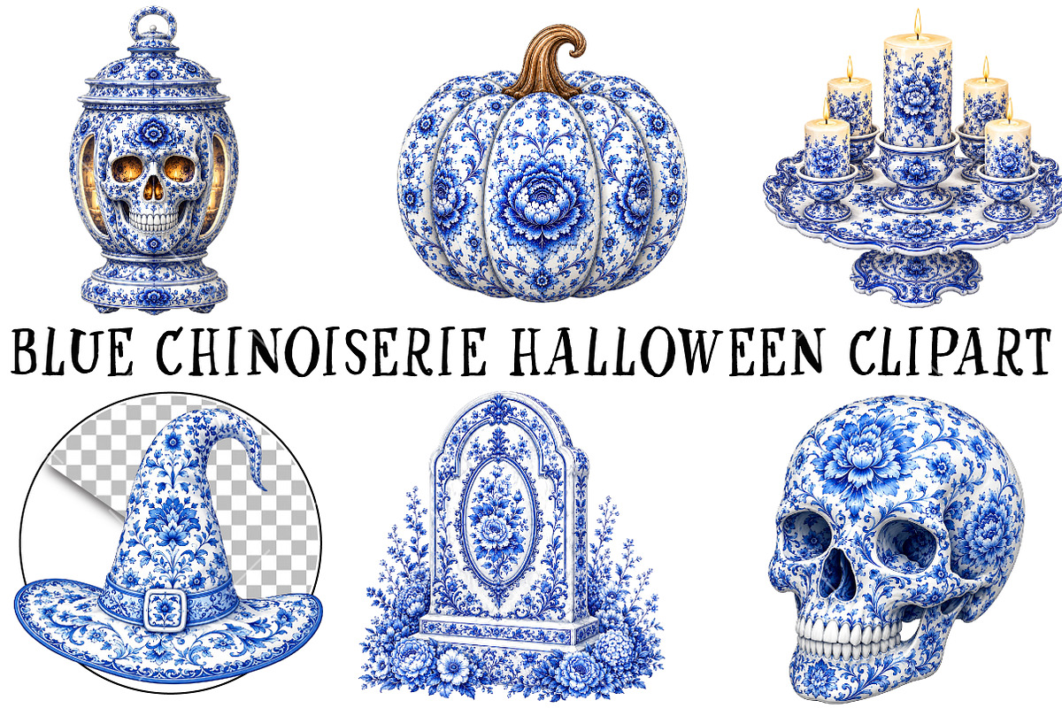 Blue Chinoiseries Halloween Clipart, a Seasonal Illustration by OK Design (Photo 2 of 6)