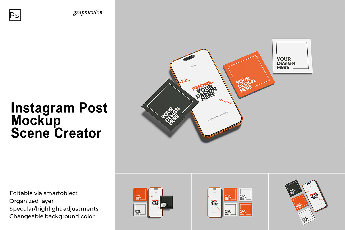 Instagram Post Mockup(Scene Creator), an iPhone Mockup by Graphiculon (Photo 1 of 11)