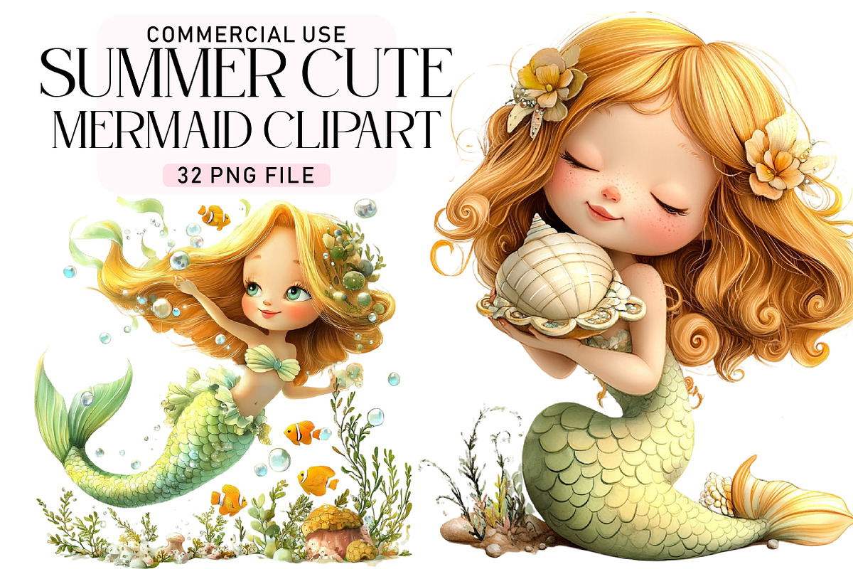 Summer Cute Mermaid Clipart, a Seasonal Illustration by Daily.Designs (Photo 1 of 5)