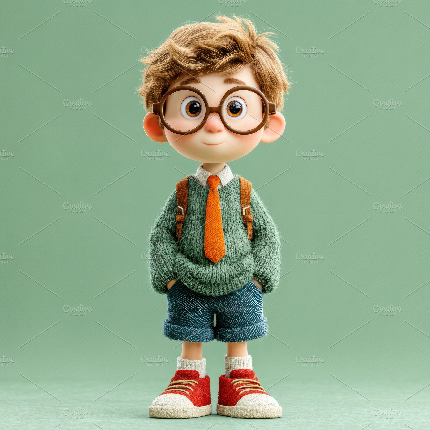 Charming cartoon schoolboy with glasses and orange tie standing, a Person Photo by José Manuel Gelpi