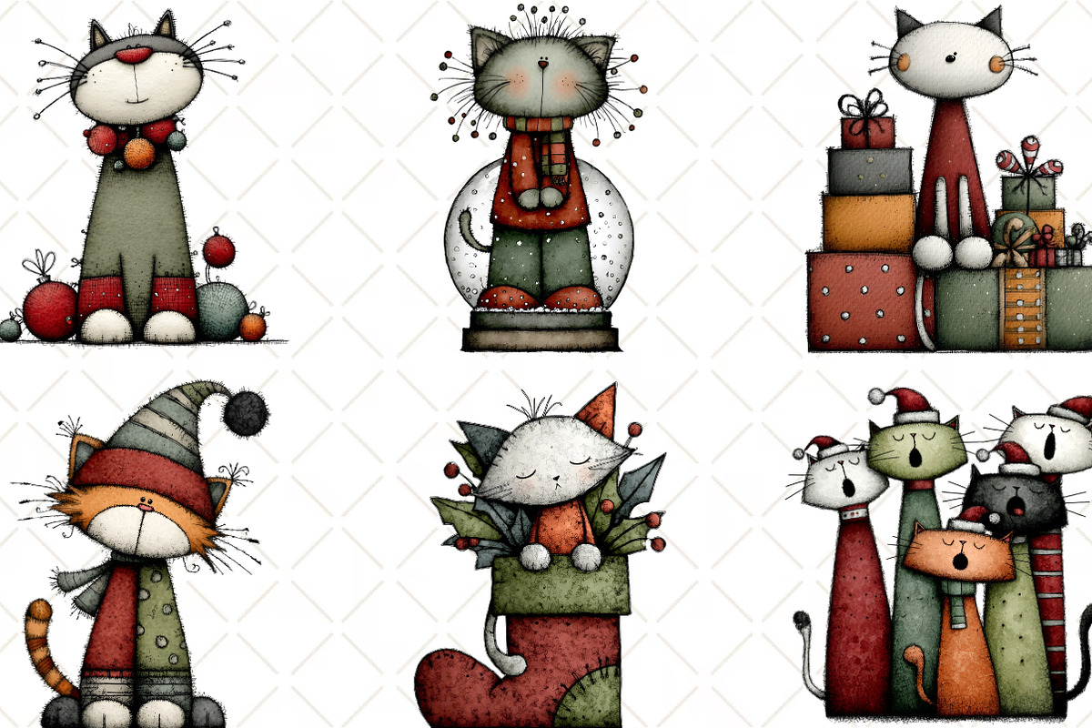 Watercolor Christmas Cats Clipart, an Illustration by Black Bird Studio (Photo 6 of 6)