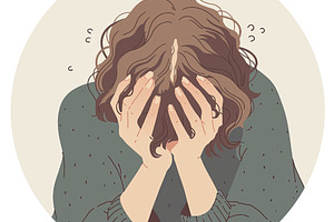 Illustrated woman overwhelmed in emotional distress and covering her face with, a Photo by AS photostudio