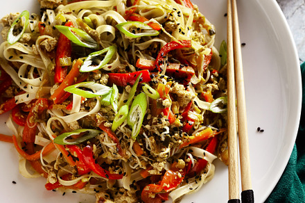 vegan pad thai rice pasta with vegetables and tofu on gray concr, a Food & Drink Photo by IriGri