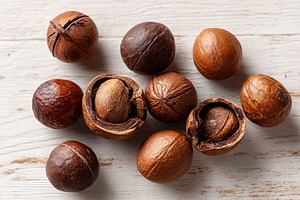 Different varieties of nuts displayed on a rustic wooden background, a Food & Drink Photo by AlyaAnd