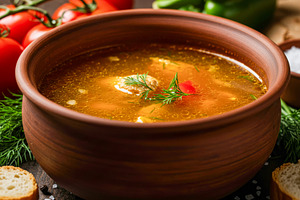 Chicken broth served in a clay bowl, a Food & Drink Photo by professorinc