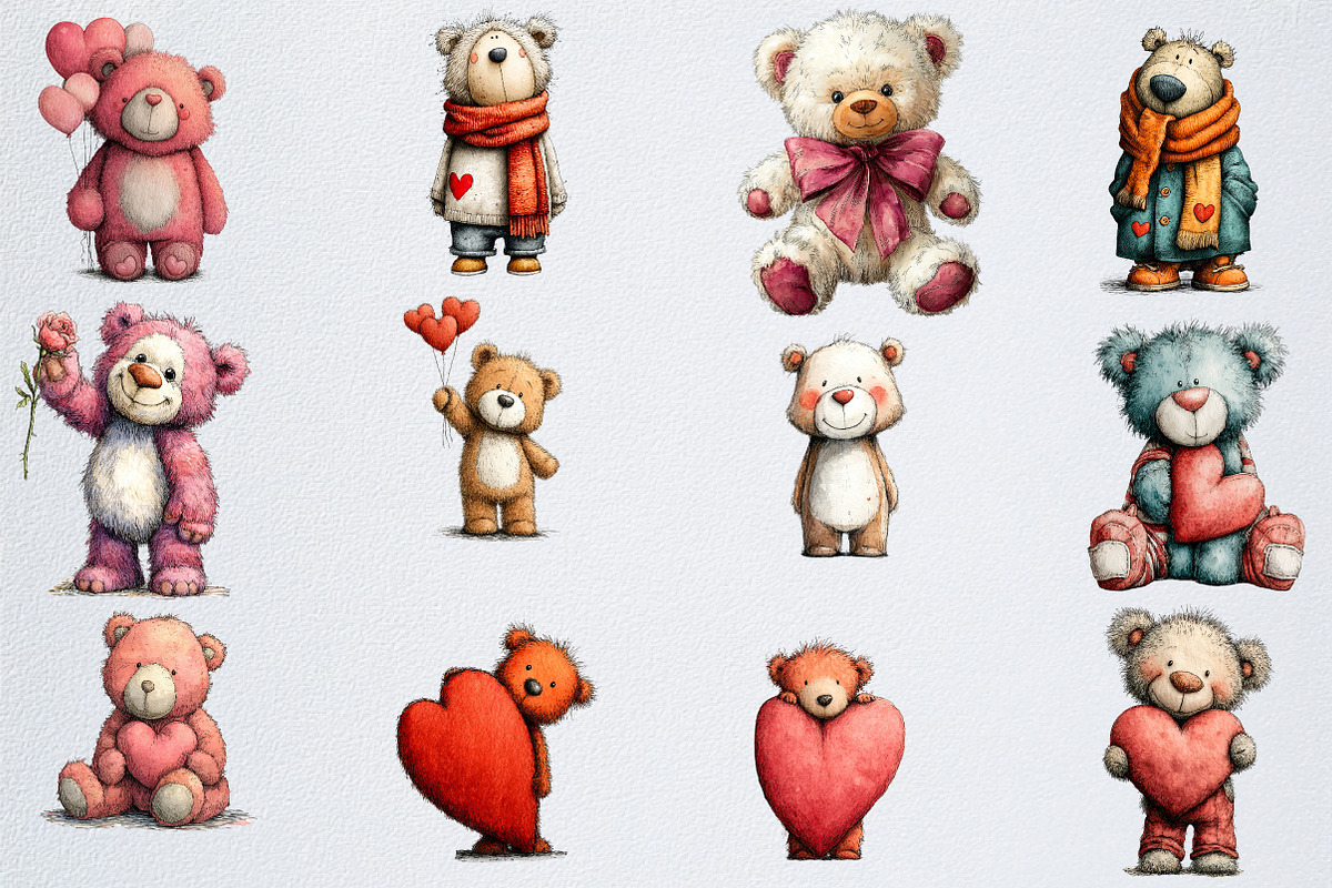 Lovely Teddy Bear Valentine Clipart, an Illustration by Watercolor design (Photo 2 of 6)