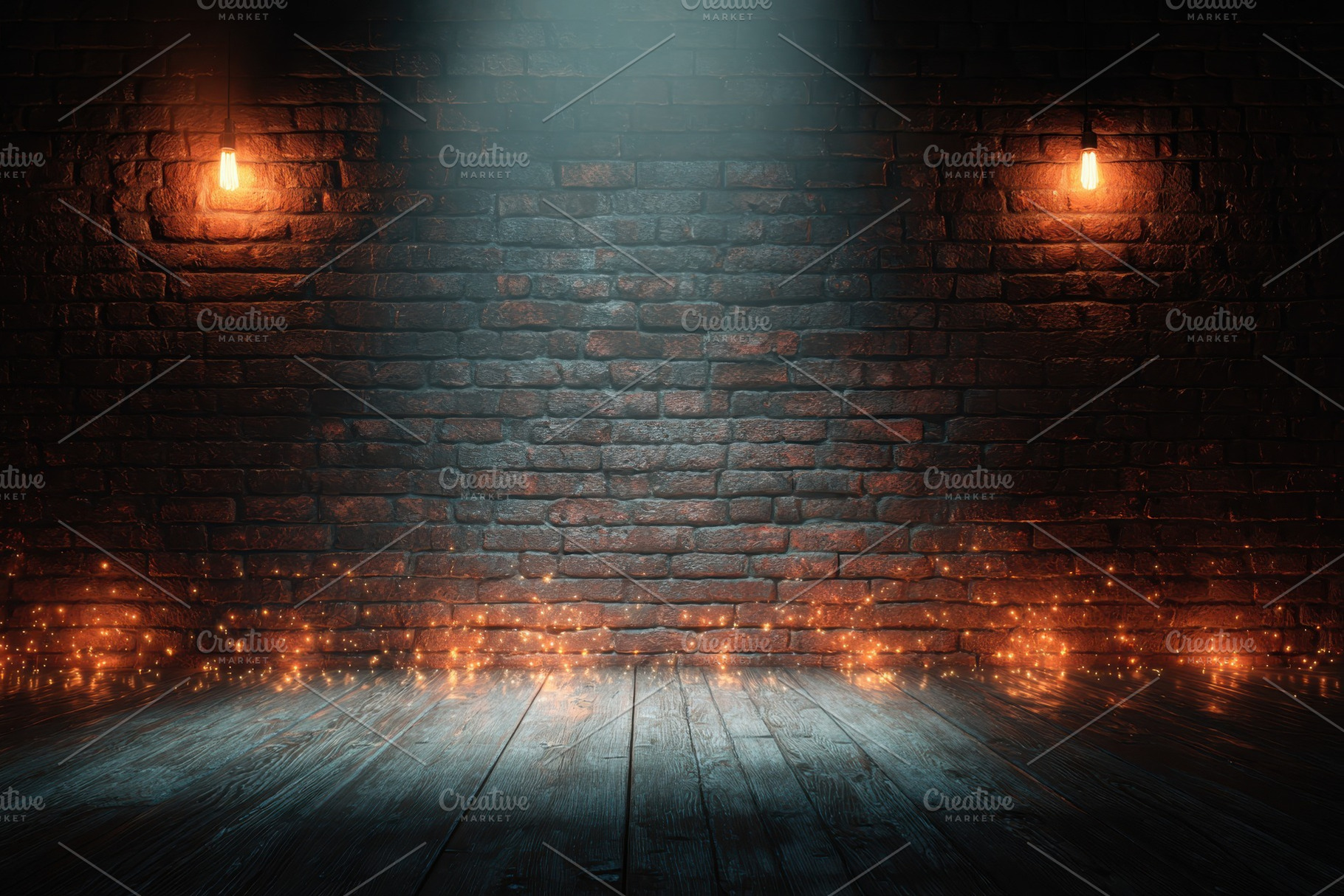 Dark brick wall wood floor glowing l, a Photo by Pixeness Studio
