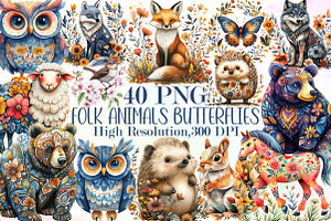 Folk Art Animals Birds Butterflies P, an Illustration by Sublimation Artist