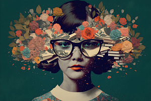 Collage Woman Portrait And Flowers Vintage Style