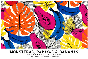 Monstera Leaves, Papayas and Bananas