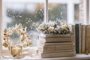 Cozy winter window scene with vintage books, decorative wreaths, and falling sn, a Photo by Studio ANNA