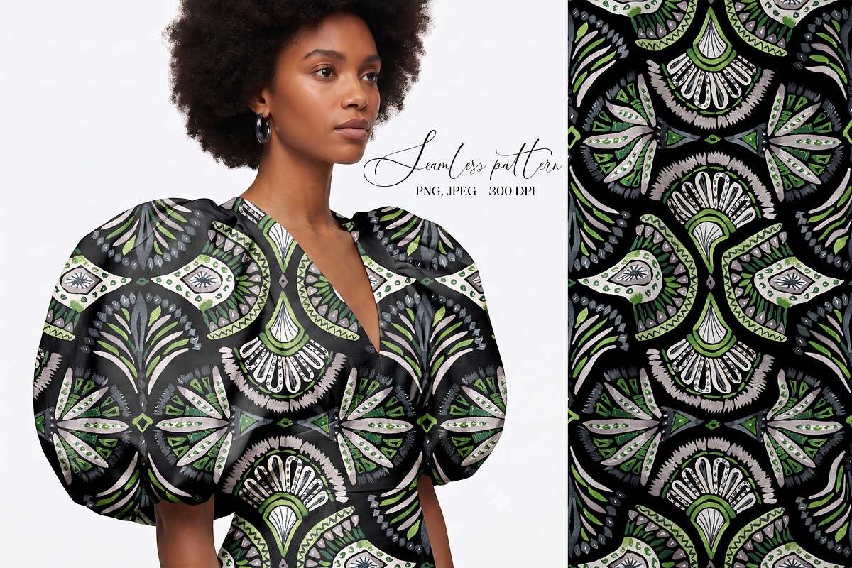 Lime Mandala Feather Damask on Black, a Pattern Graphic by SirenaArt (Photo 7 of 10)