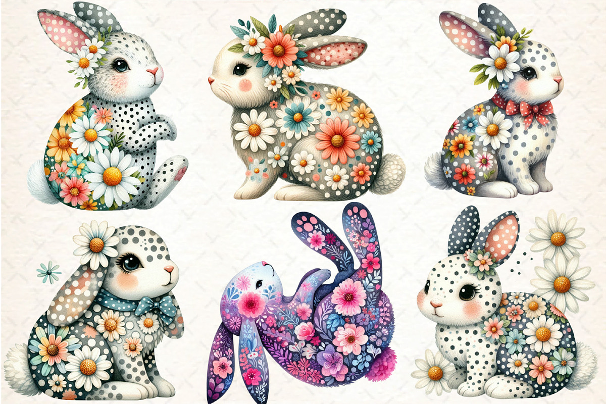 Retro Floral Easter Bunny Clipart, an Illustration by DreamCafeArt (Photo 2 of 4)
