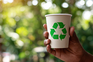 Hand holding recyclable paper cup with green symbol, a Food & Drink Photo by AlyaAnd