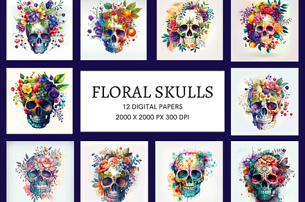 Watercolor floral skulls pack, a Wallpaper Graphic by Art's and patterns