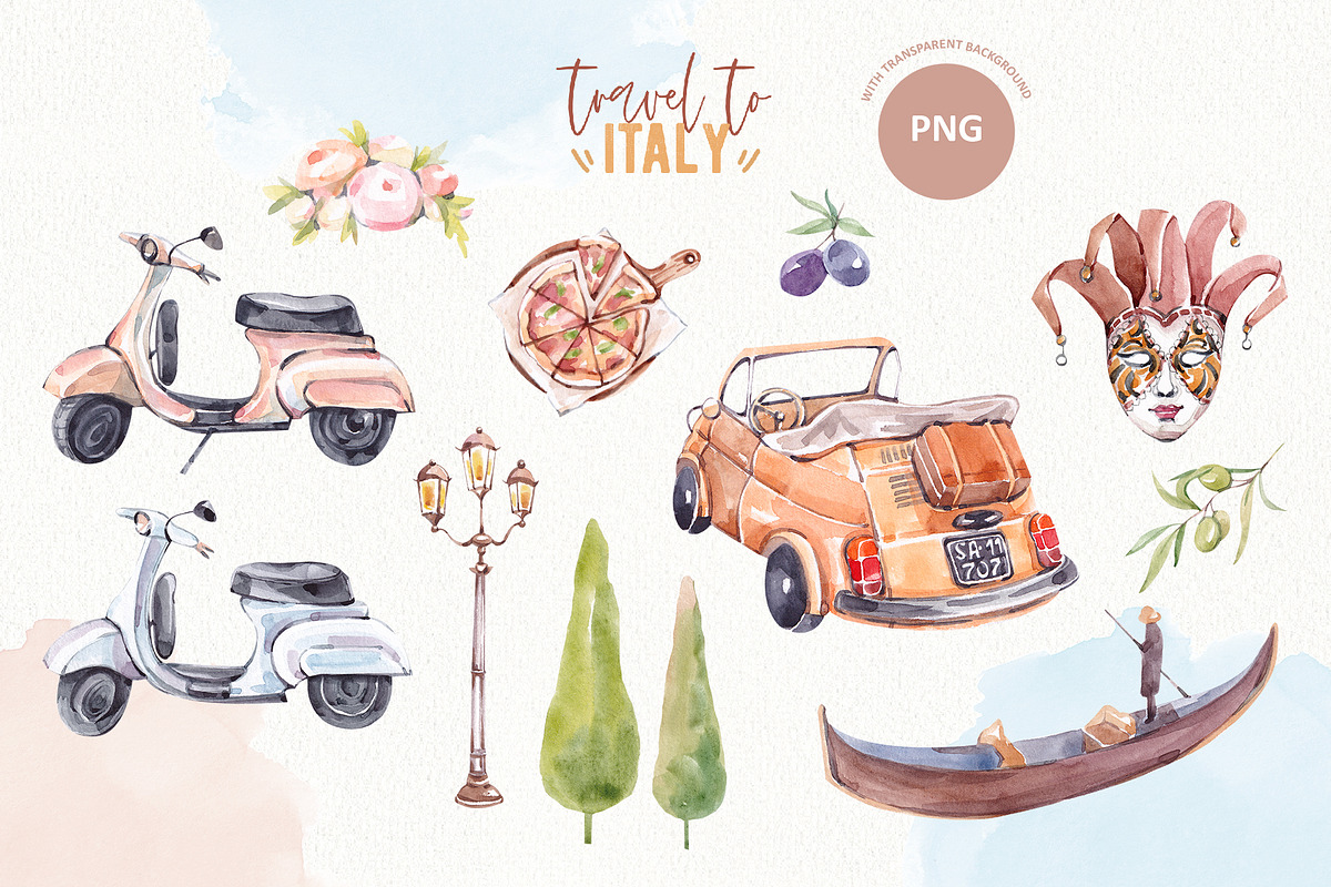 Travel to Italy. Watercolor Clipart, an Illustration by VerAna (Photo 4 of 11)