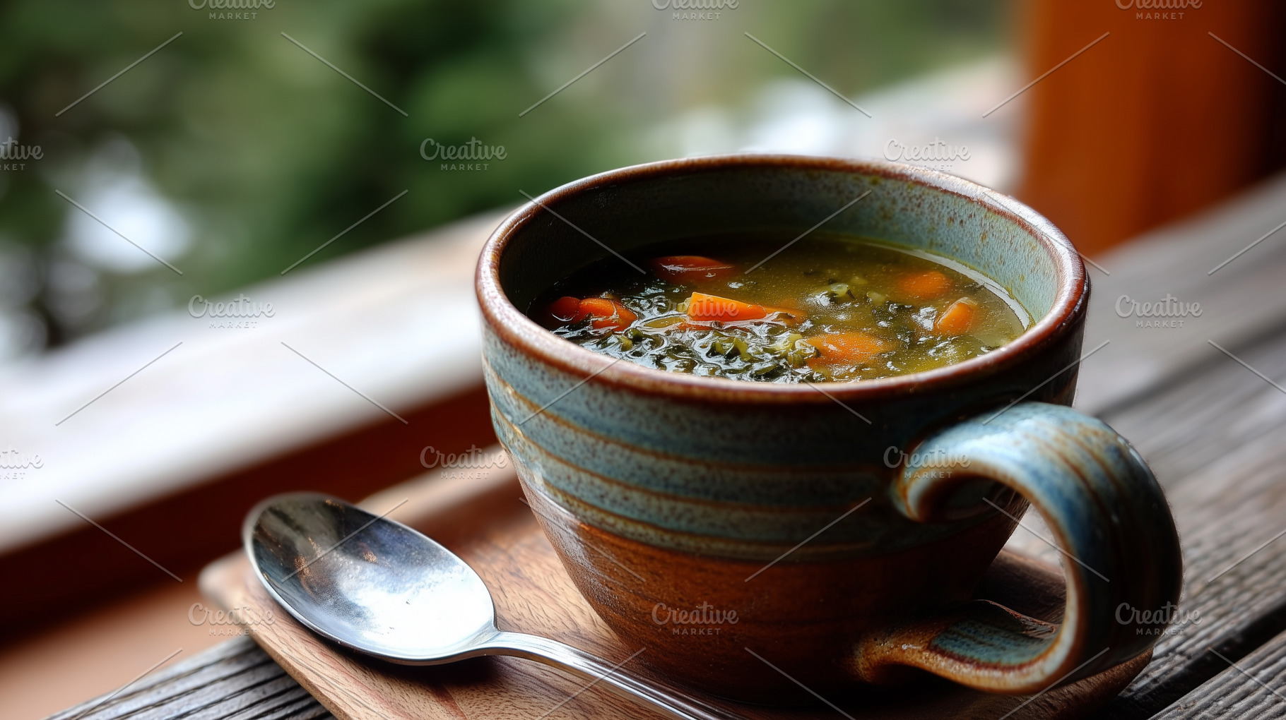 Rustic mug with clear vegetable soup, a Food & Drink Photo by MistyDay