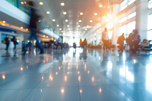 Blurred people in motion in airport terminal, a Photo by AlyaAnd