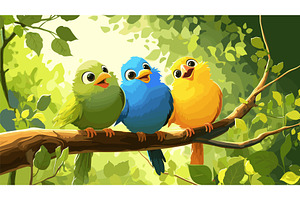 Birds on branch. Green blue yellow, an Animal Illustration by Stock-Smart-Start