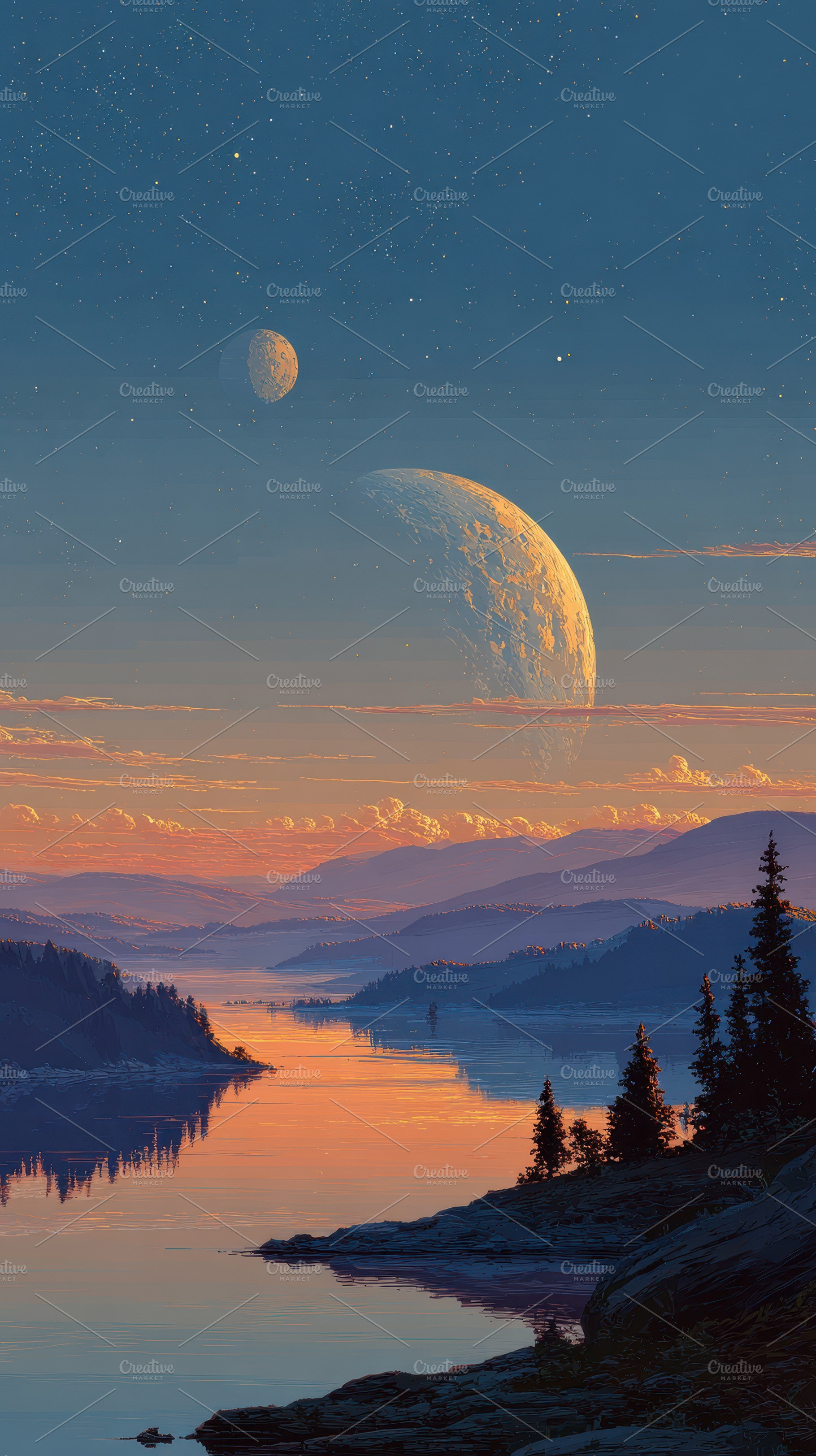 Alien Planet Sunset Landscape Two Mo, a Photo by Pixeness Studio