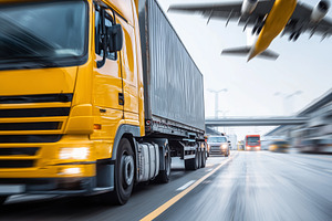 Fast yellow cargo truck transporting, a Transportation Photo by MistyDay