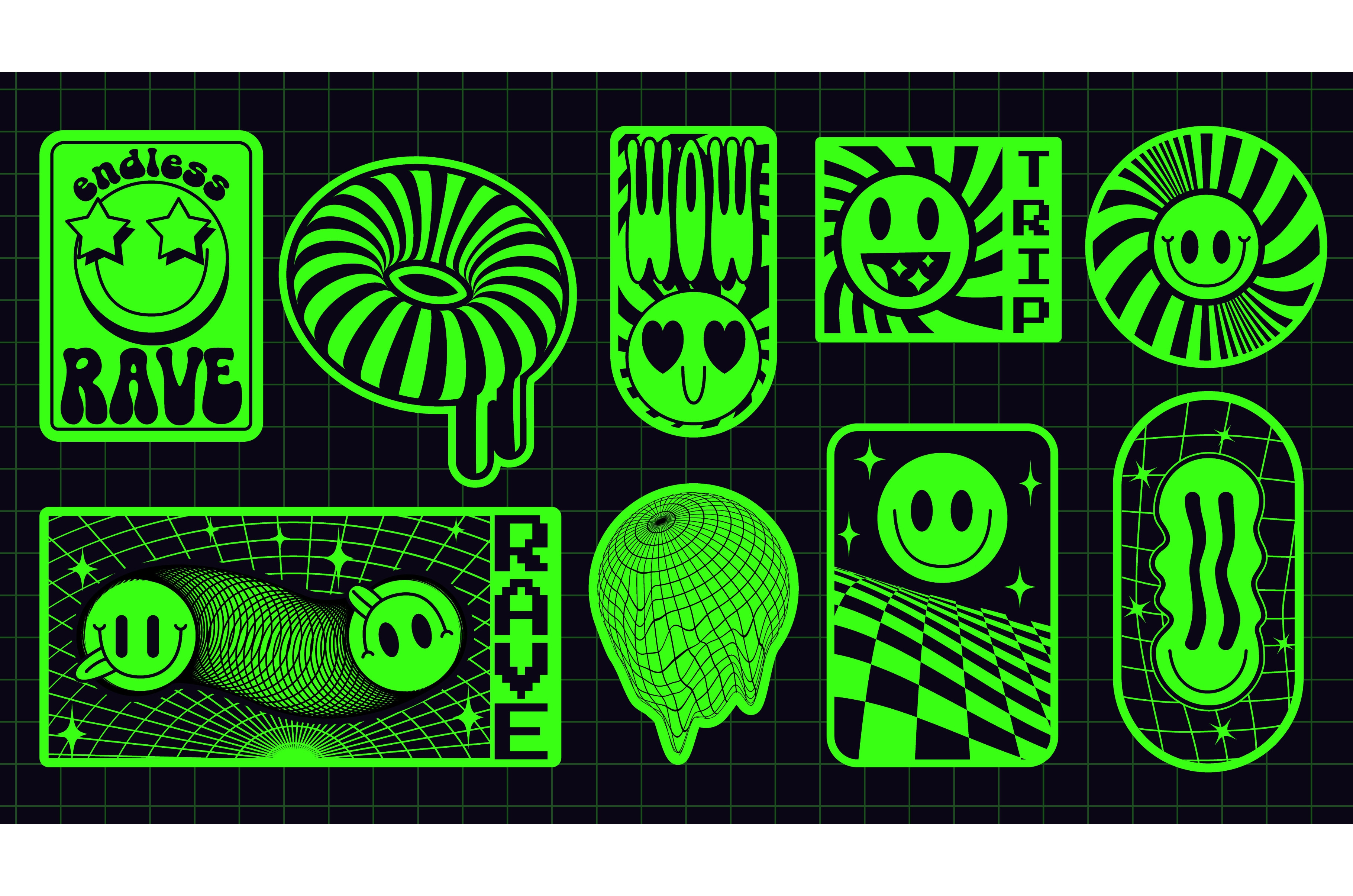 Neon green rave sticker pack, an Illustration by art PVP - market
