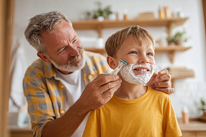 Father and son applying shaving cream in a bright bathroom, a Person Photo by AlyaAnd