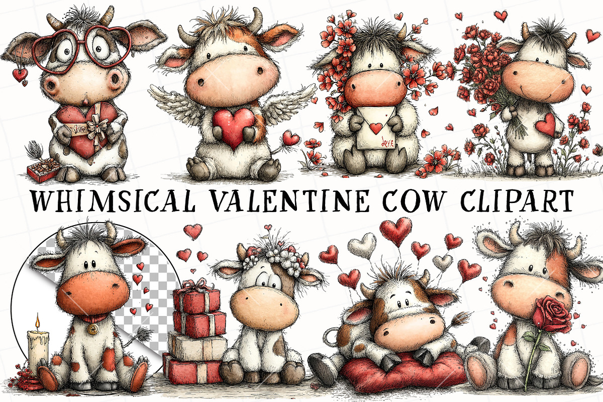 Whimsical Valentine Cow Clipart, an Illustration by OK Design (Photo 2 of 6)