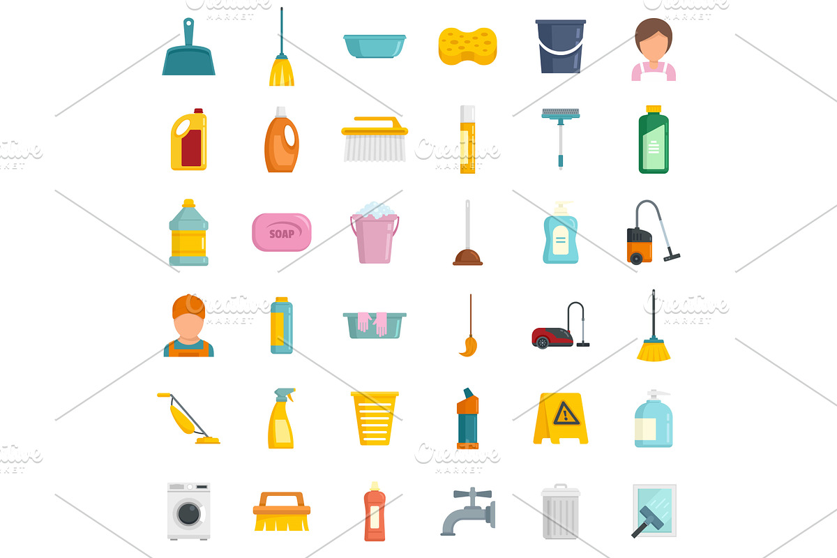 Cleaning services icons set flat, an Object Illustration by Ylivdesign