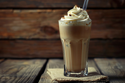 Glass of iced coffee with cream on wooden background, a Food & Drink Photo by AlyaAnd