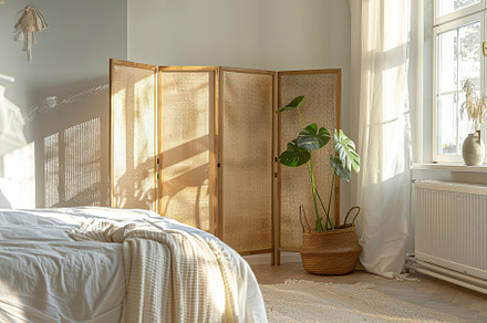 Stylish interior of modern bedroom with wooden folding screen, a Beauty & Fashion Photo by AlyaAnd