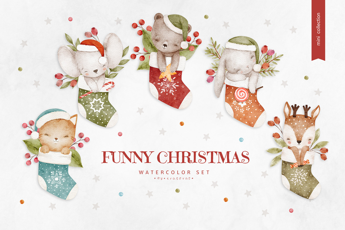 FUNNY CHRISTMAS watercolor set, an Animal Illustration by erasovas (Photo 1 of 8)