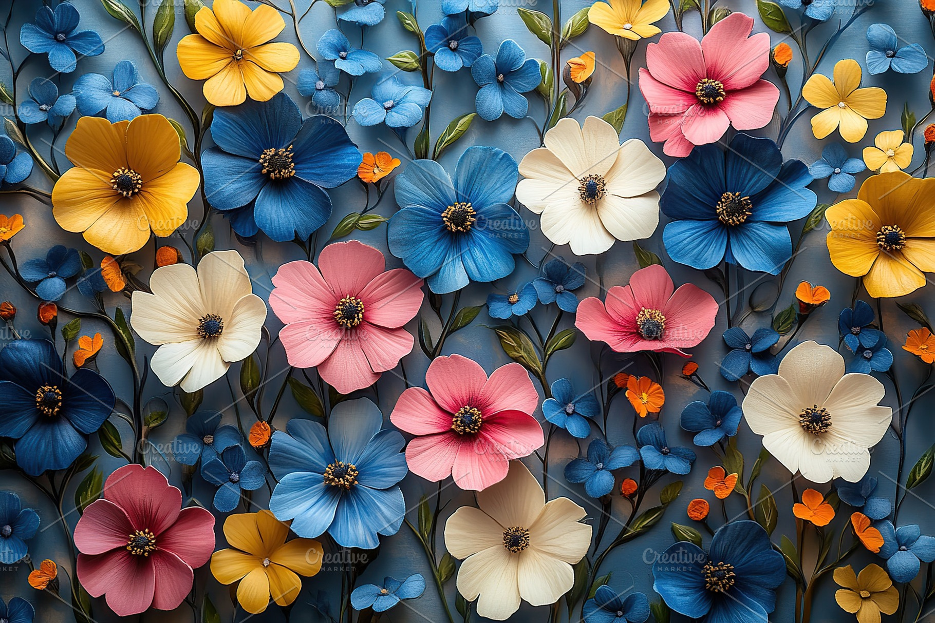 Colorful floral arrangement featuring various paper flowers set against a blue, a Nature Photo by AlyaAnd