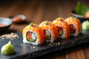 Fresh sushi rolls on black stone pla, a Photo by LOGOCREATIVE