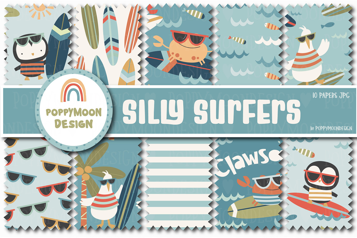Silly Surfers clipart & paper set, an Illustration by Poppymoondesign (Photo 2 of 5)