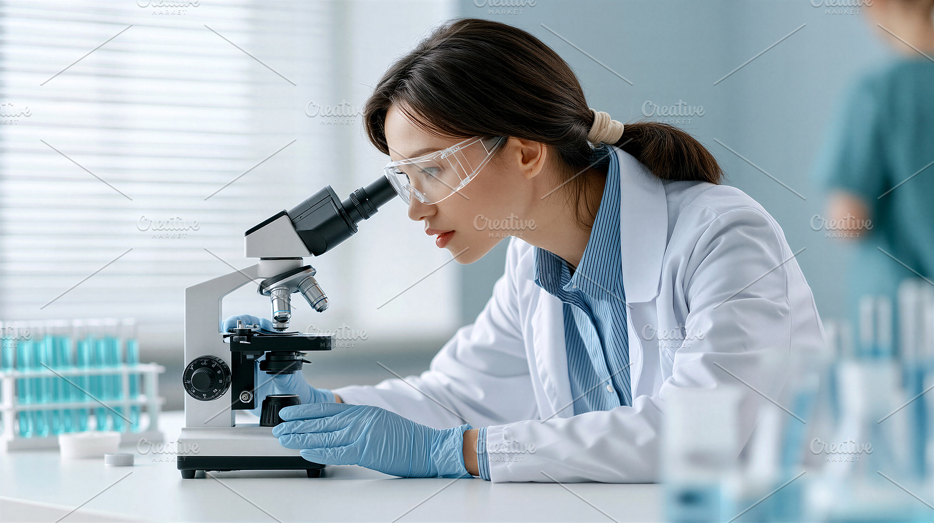 Scientist examining and microscope, a Health & Medical Photo by 7DesignLab